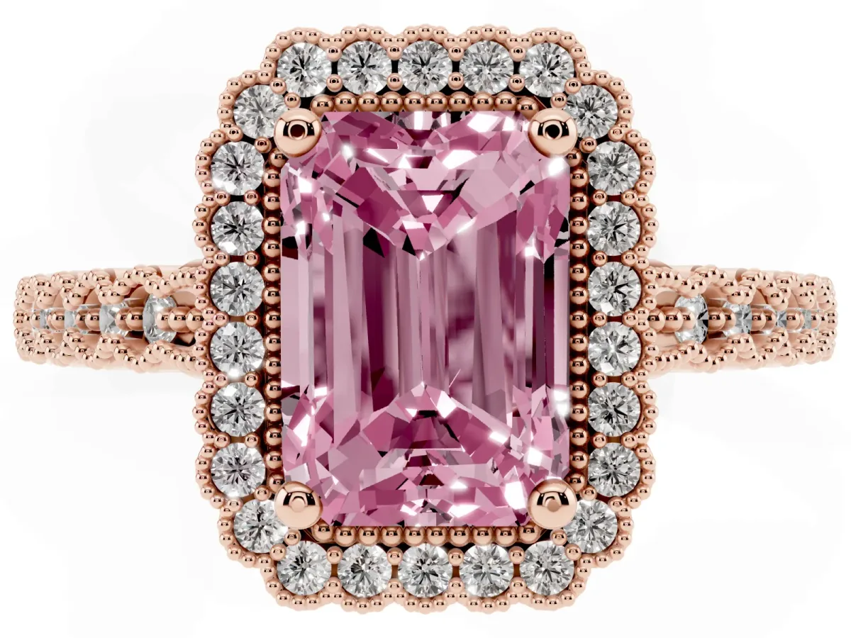 Fancy Pink Radiant Cut Cut Halo Pavé Solitaire Ring with Milgrain Band Rose gold