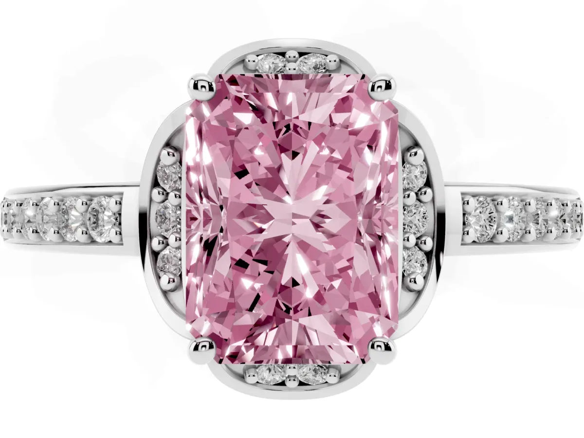 Fancy Pink Radiant Cut Cut Halo Diamond Ring with Channel Set Band and Four-Prong Setting Platinum