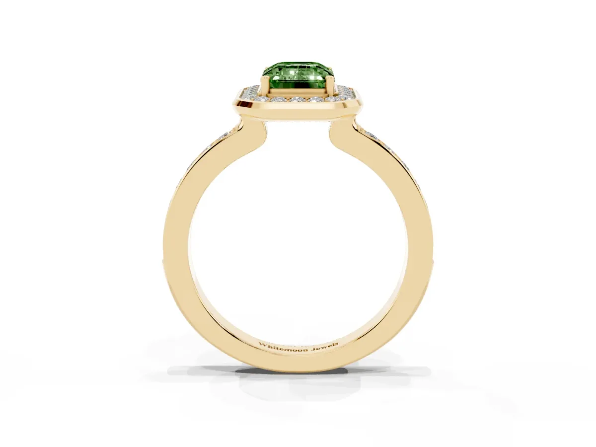 Fancy Green Emerald Cut Diamond Halo Ring with Bezel Frame and Pavé Band Yellow gold