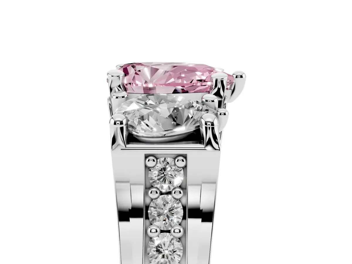 Fancy Pink Pear Cut Diamond Three-Stone Ring with Channel Set Band and Four-Prong Setting Silver