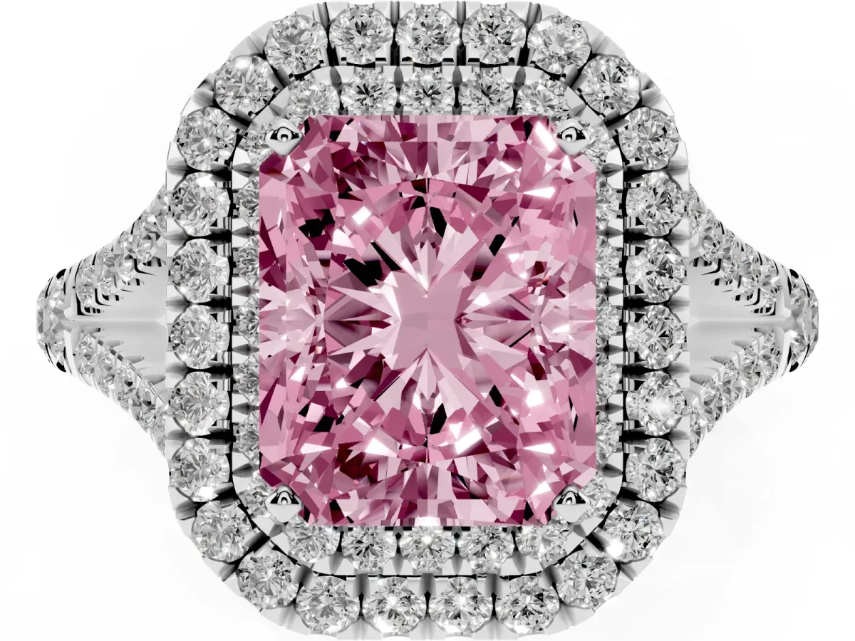 Fancy Pink Radiant Cut Cut Double Halo Split Shank Diamond Ring with Prong Setting White gold