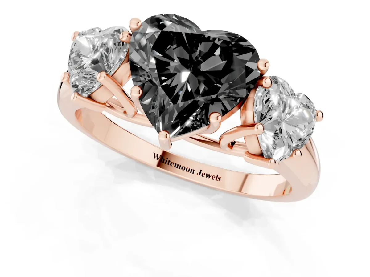 Fancy Black Three-Stone Heart Cut Diamond Engagement Ring with Prong Setting Rose gold