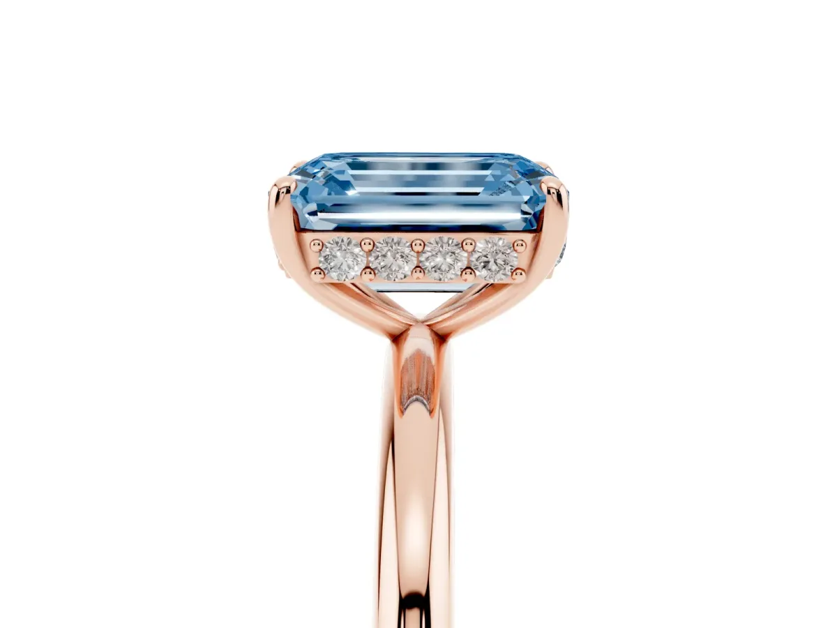 Fancy Blue Emerald Cut Solitaire Diamond Ring with a Classic Band and Four-Prong Setting Rose gold