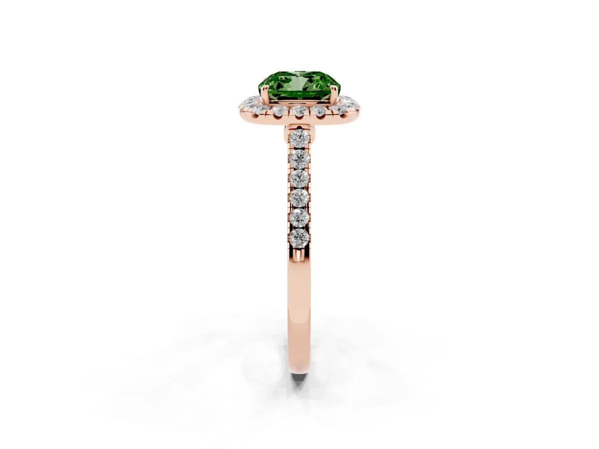 Fancy Green Cushion Cut Halo Pave Diamond Engagement Ring with Four-Prong Setting Rose gold