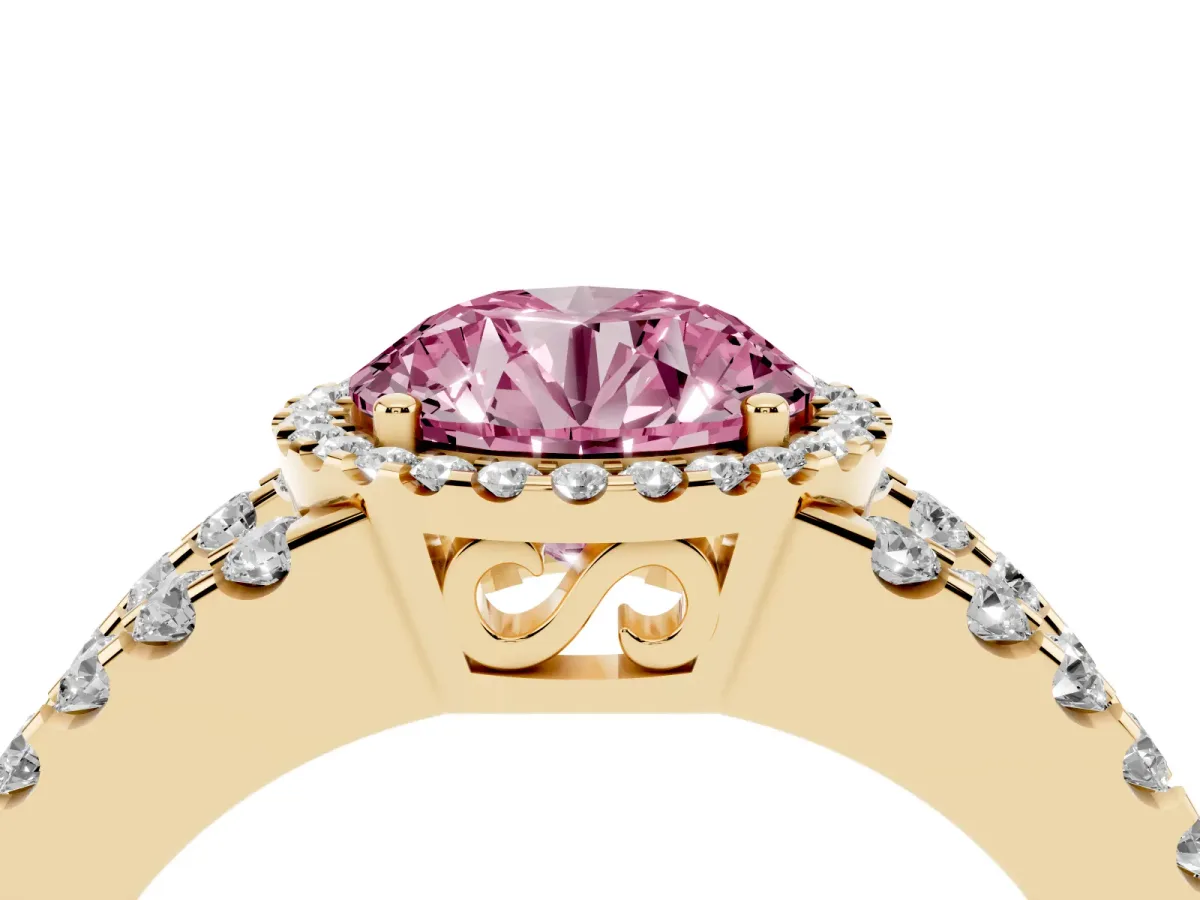 Fancy Pink Round Cut Cut Halo Split Shank Diamond Ring with Four-Prong Setting Yellow gold
