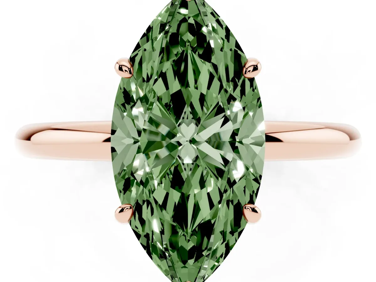 Fancy Green Marquise Cut Solitaire Diamond Ring with Four-Prong Setting on a Plain Band Rose gold