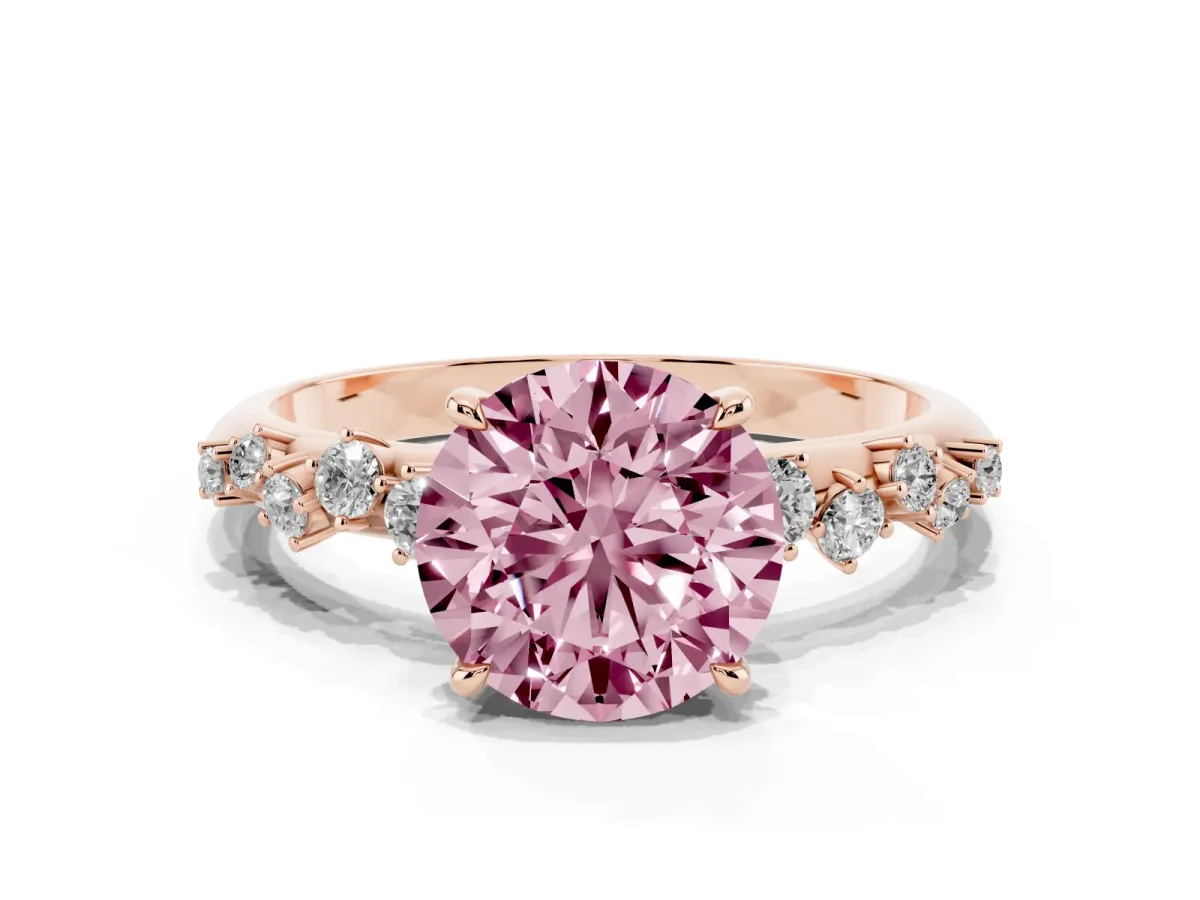 Fancy Pink Round Cut Diamond Cluster Side Stone Solitaire Ring with Prong Setting Rose gold