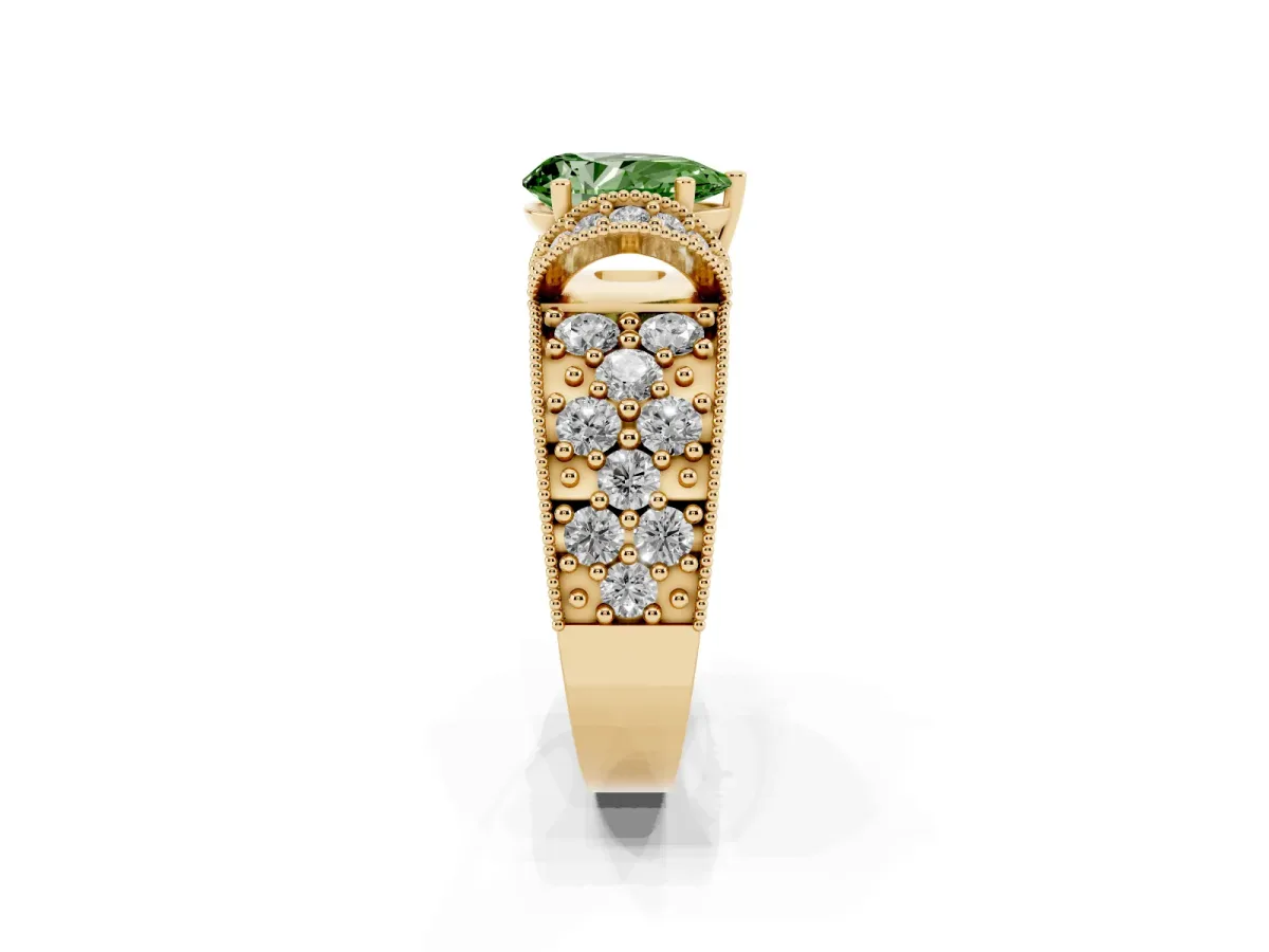 Fancy Green Pear Cut Halo Pave Diamond Engagement Ring with Milgrain Detailing Yellow gold