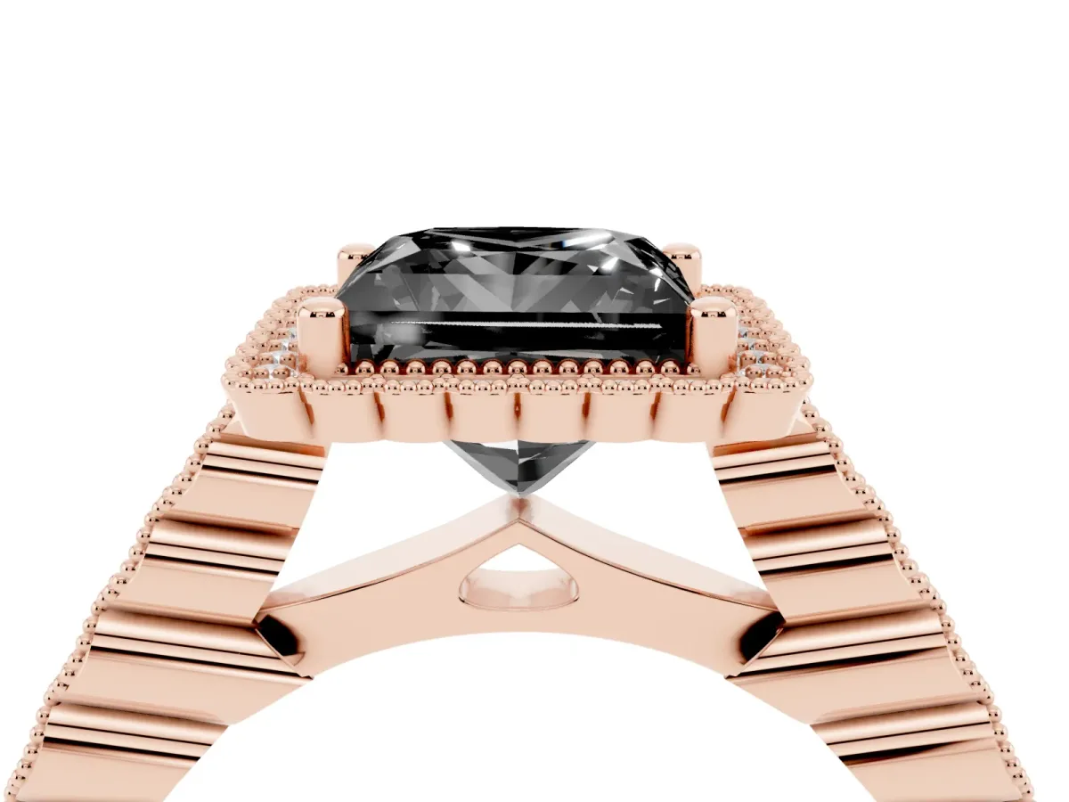 Fancy Black Princess Cut Cut Halo Pavé Solitaire Ring with Milgrain Band Rose gold