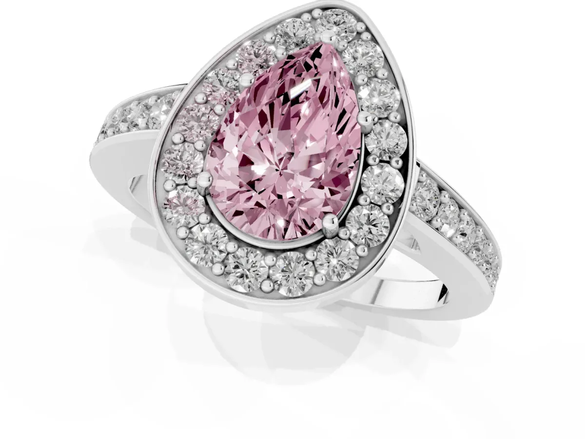 Fancy Pink Pear Cut Halo Pavé Diamond Engagement Ring with Bezel Setting Platinum