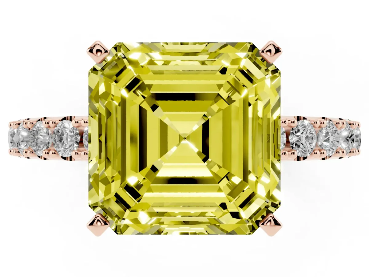Fancy Yellow Asscher Cut Diamond Solitaire Pavé Band with Four-Prong Setting Rose gold