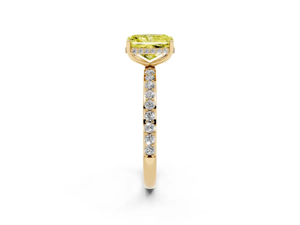 Fancy Yellow Radiant Cut Diamond Solitaire Ring with Pavé Band and Hidden Halo Yellow gold