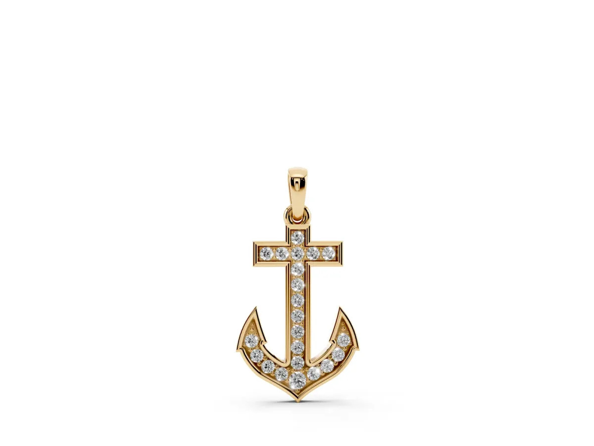 Pavé Round Diamond Anchor Pendant with Four-Prong Setting Yellow gold
