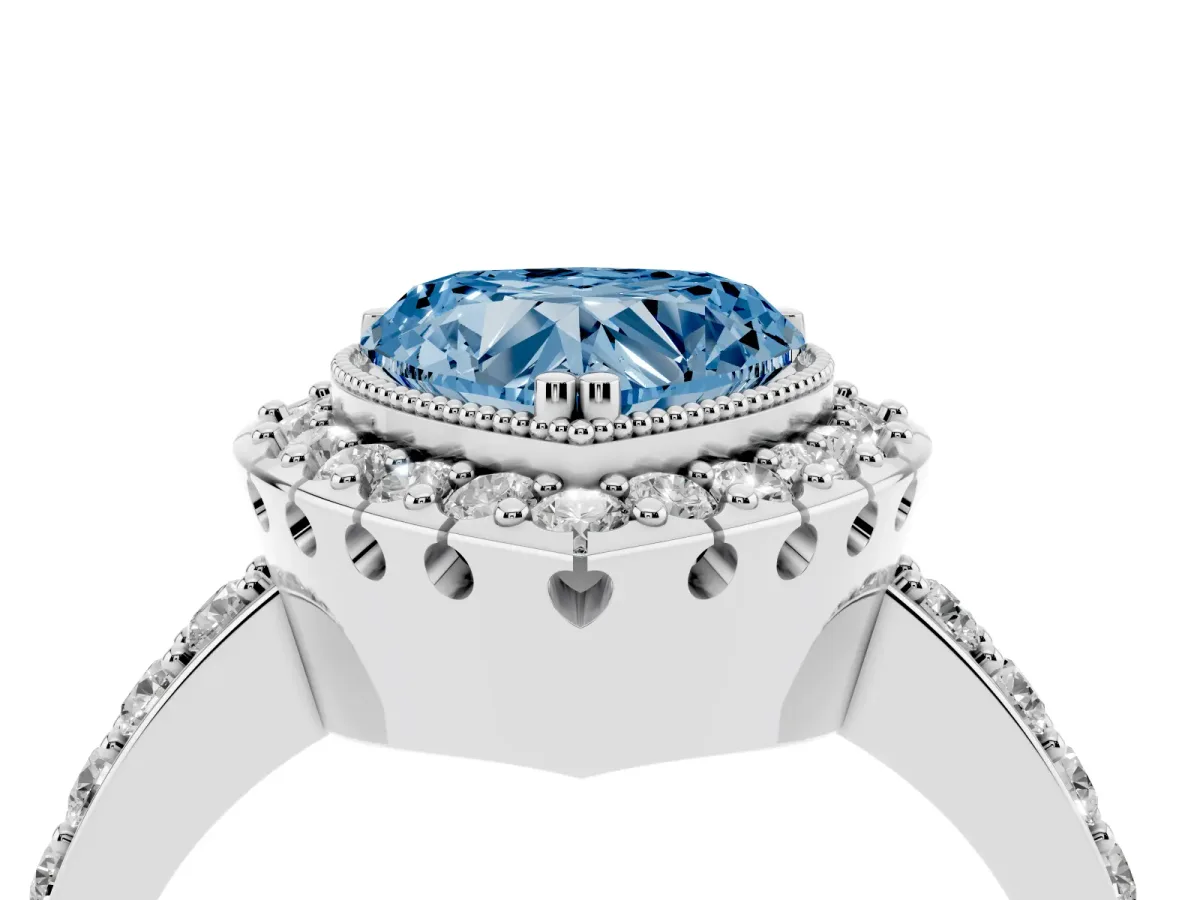 Fancy Blue Heart Cut Diamond Halo Ring with Pavé Band and Prong Setting White gold