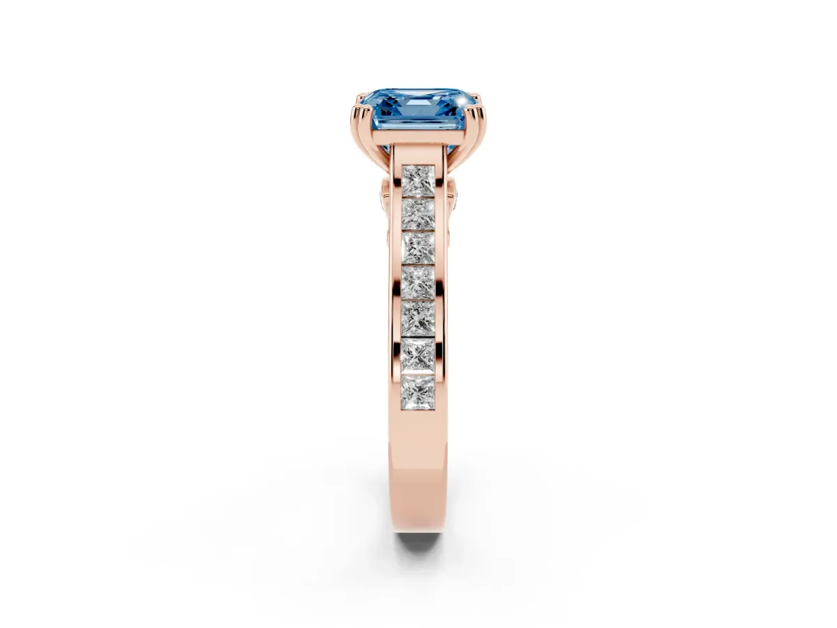 Fancy Blue Asscher Cut Cut Channel Set Solitaire Engagement Ring with Prong Setting Rose gold