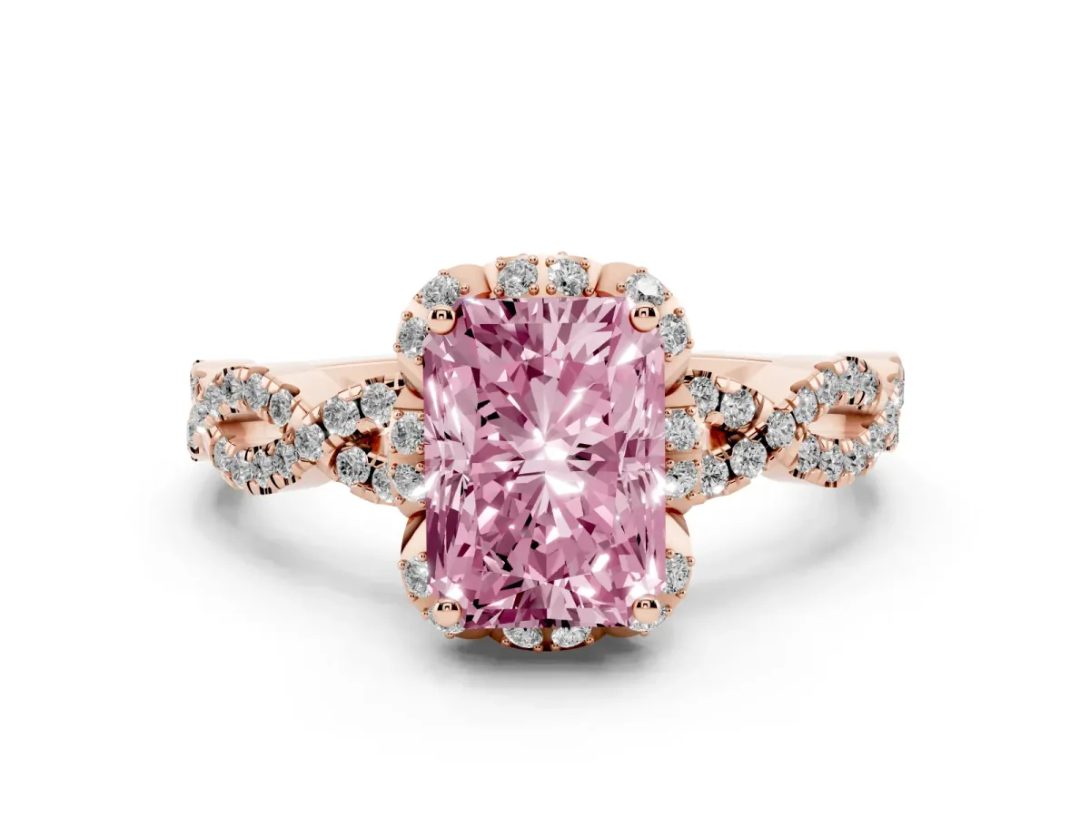 Fancy Pink Radiant Cut Halo Twist Band Solitaire Ring with Six-Prong Setting Rose gold