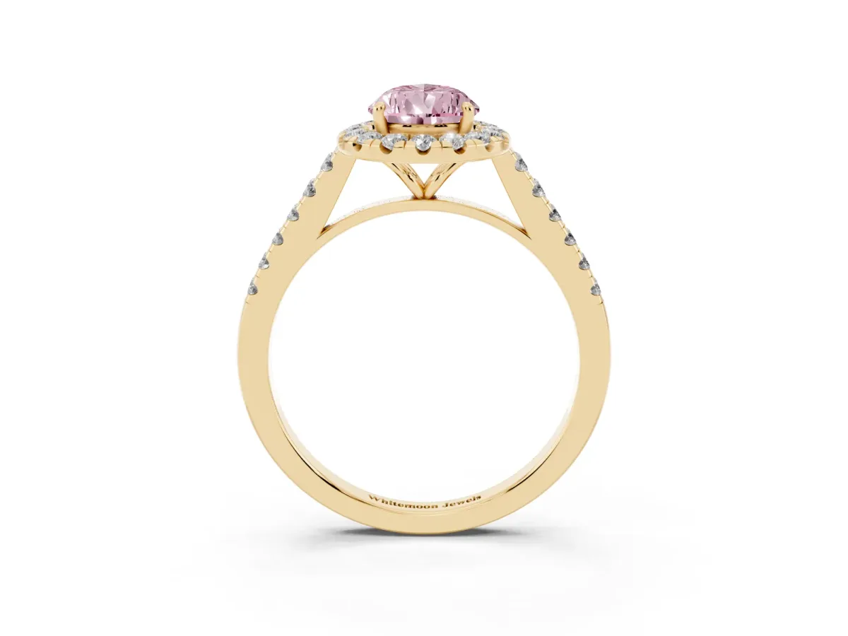 Fancy Pink Pear Cut Halo Pave Diamond Engagement Ring with Four-Prong Setting Yellow gold