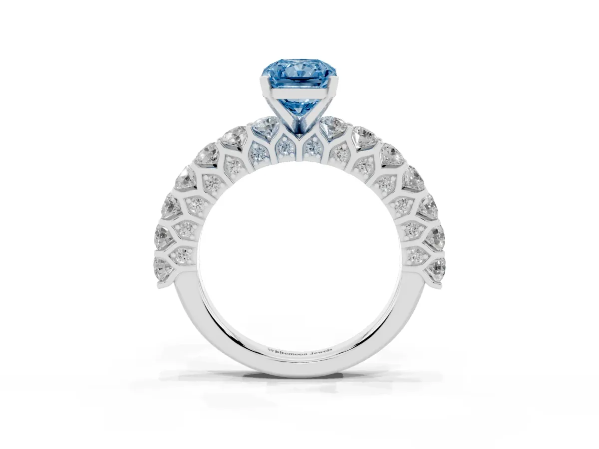 Fancy Blue Radiant Cut Diamond Solitaire Ring with Shared Prong Pavé Band and Four-Prong Setting Silver