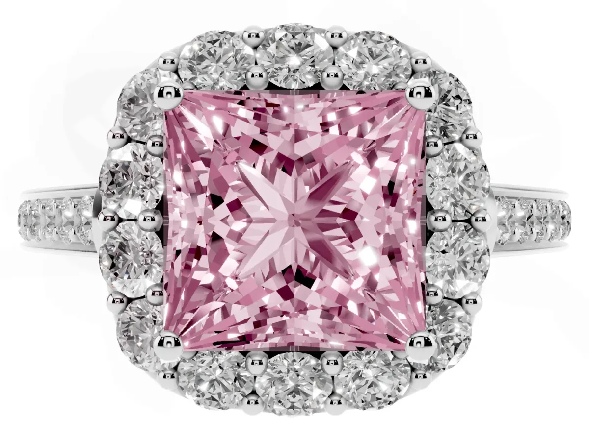 Fancy Pink Princess Cut Diamond Floral Halo Ring with Pavé Band and Prong Setting White gold