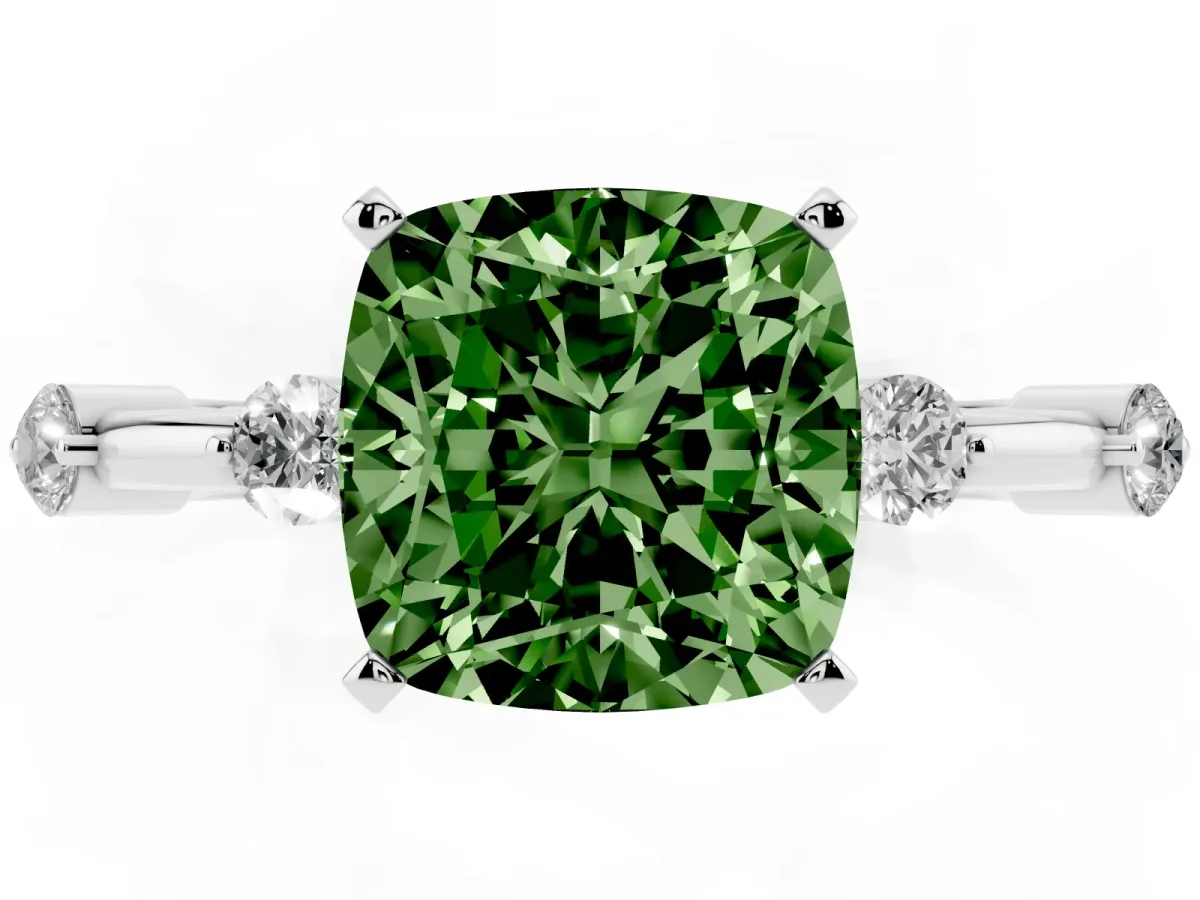 Fancy Green Cushion Cut Solitaire Diamond Ring with Bezel Set Side Stones and Prong Setting Silver