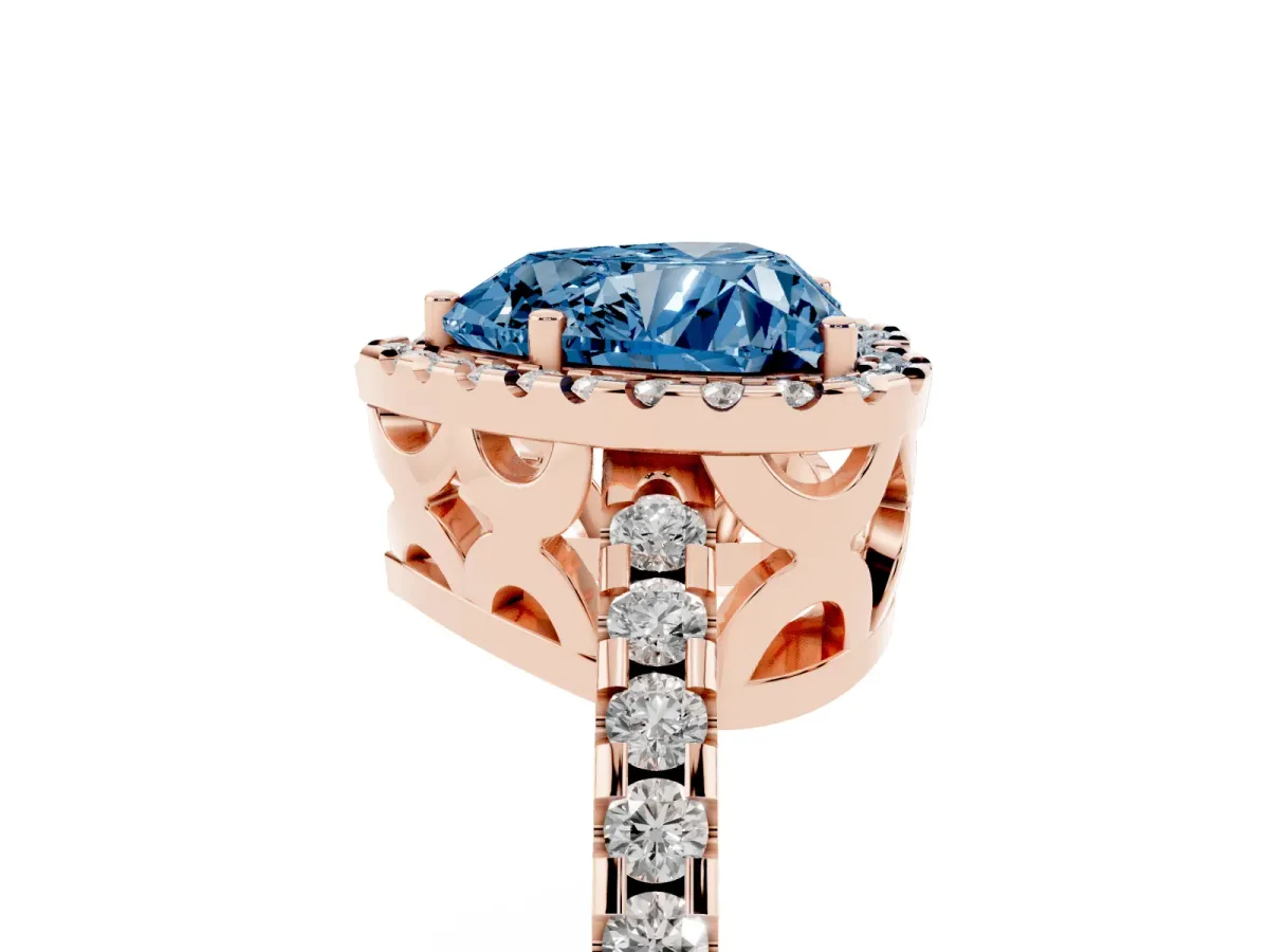 Fancy Blue Heart Cut Diamond Halo Engagement Ring with Pavé Band and Prong Setting Rose gold