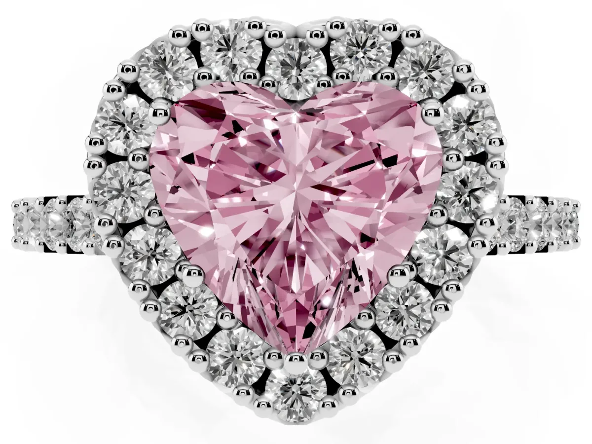 Fancy Pink Heart Cut Halo Diamond Pavé Solitaire Ring Silver