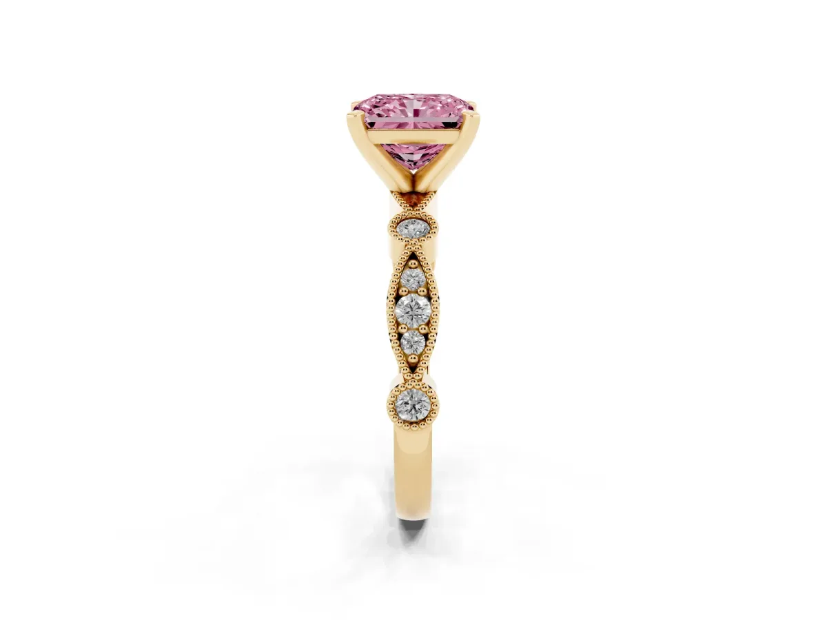 Fancy Pink Radiant Cut Milgrain Bezel Diamond Engagement Ring with Solitaire Prong Setting Yellow gold