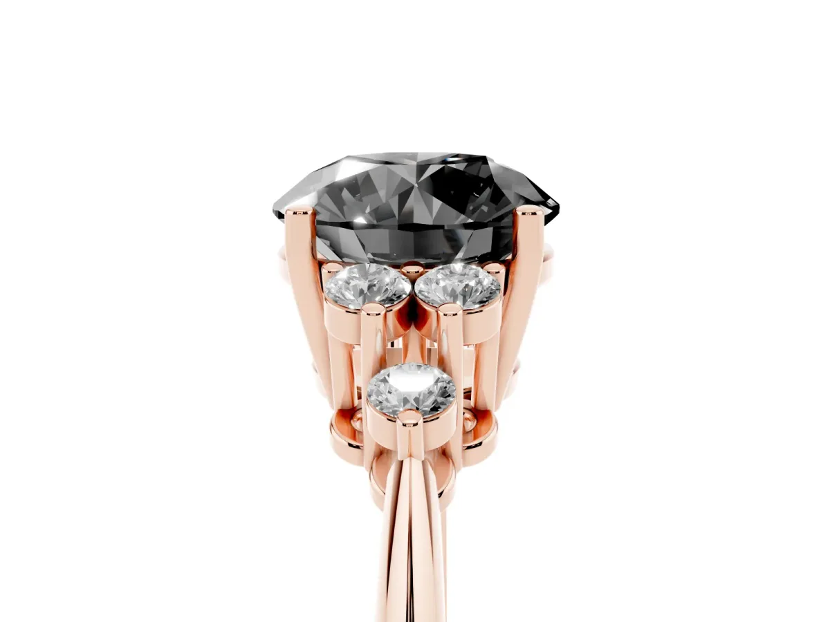 Fancy Black Round Cut Cut Diamond Cluster Ring with Solitaire Band and Four-Prong Setting Rose gold