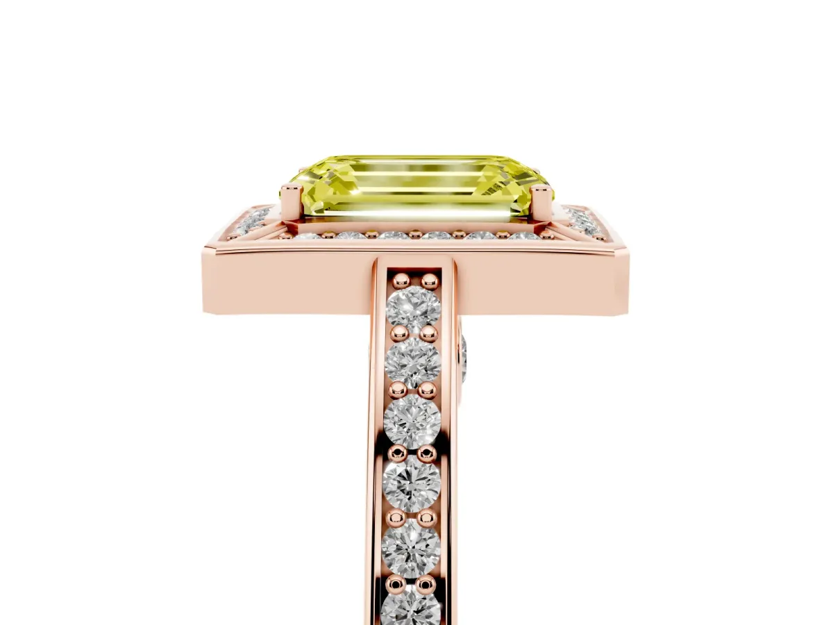 Fancy Yellow Emerald Cut Cut Halo Pave Split Shank Prong Setting Ring Rose gold