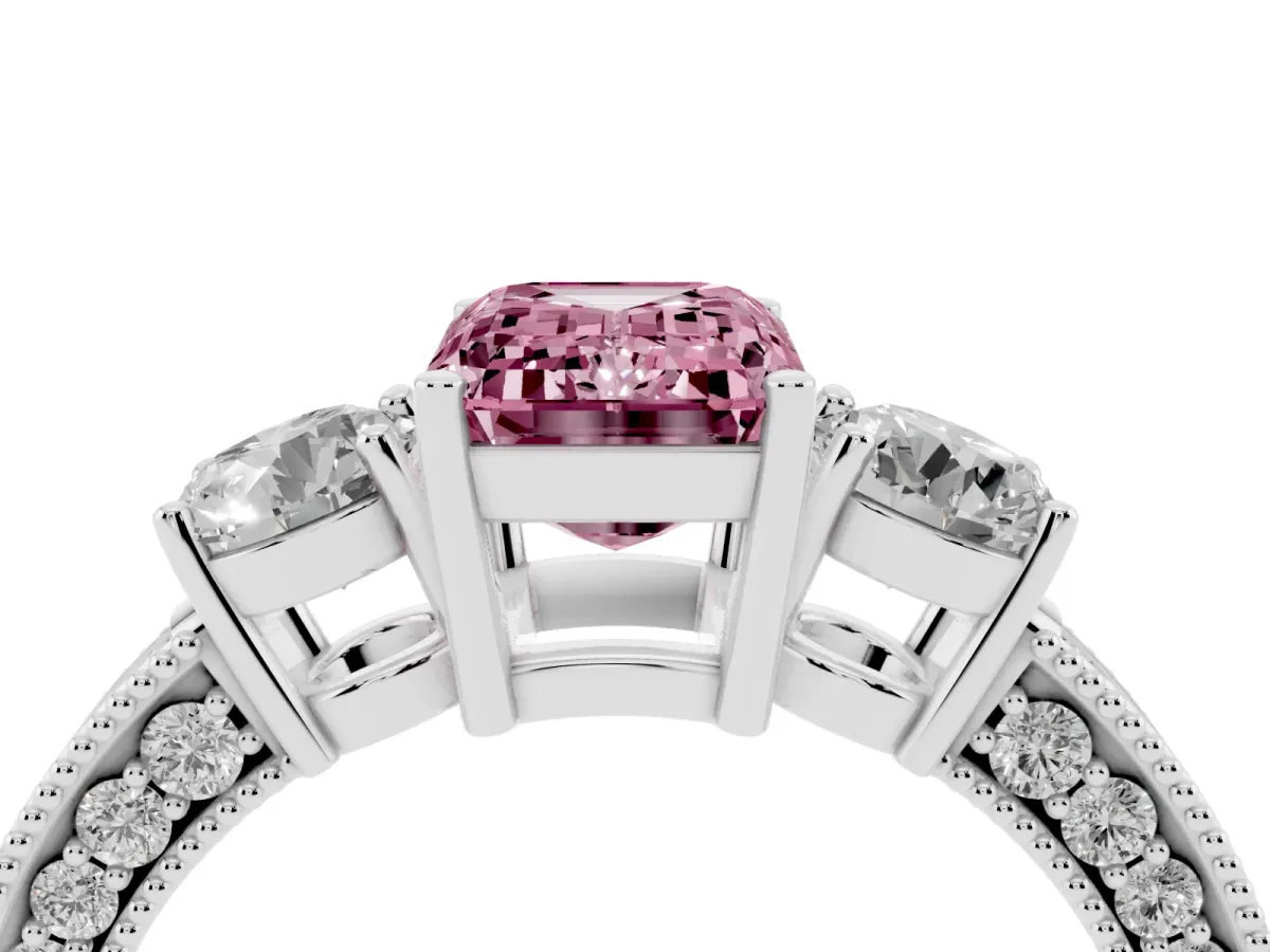 Fancy Pink Emerald Cut Three-Stone Diamond Ring with Pavé Band and Four-Prong Setting Platinum