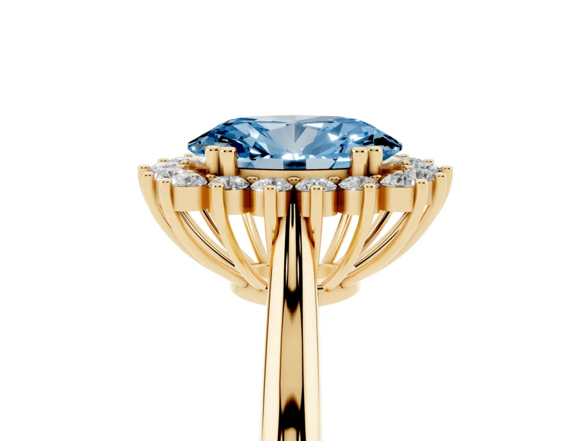 Fancy Blue Oval Cut Cut Diamond Halo Ring with Solitaire Band and Prong Setting Yellow gold
