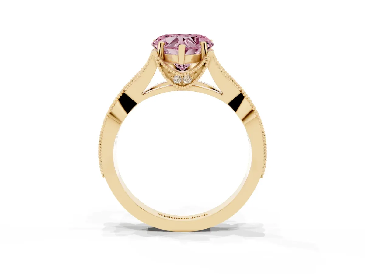Fancy Pink Heart Cut Cut Diamond Twisted Band with Milgrain Pave Setting and Four-Prong Setting Yellow gold