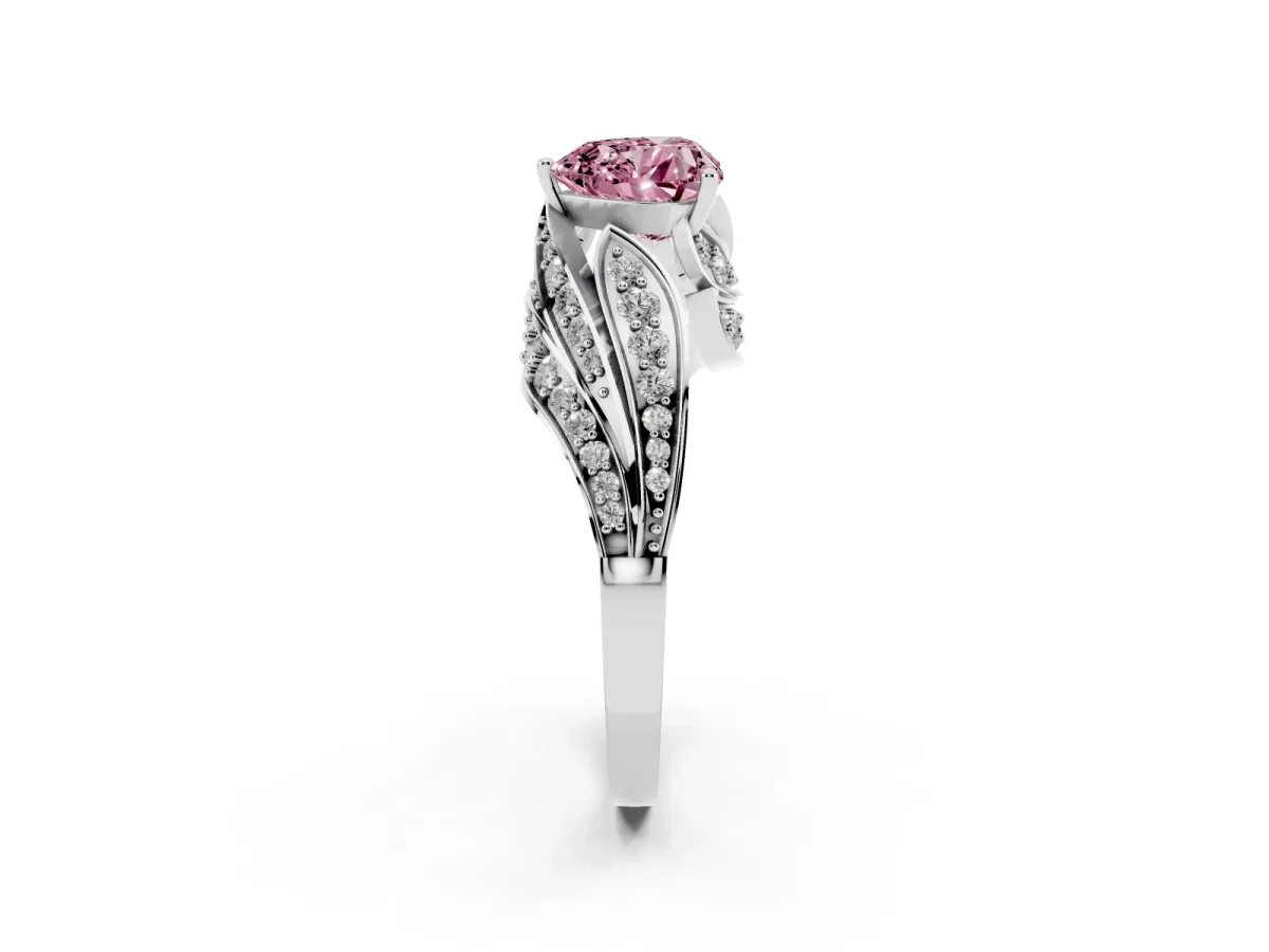 Fancy Pink Heart Cut Diamond Solitaire Ring with Prong Setting and Twisted Pavé Band Silver