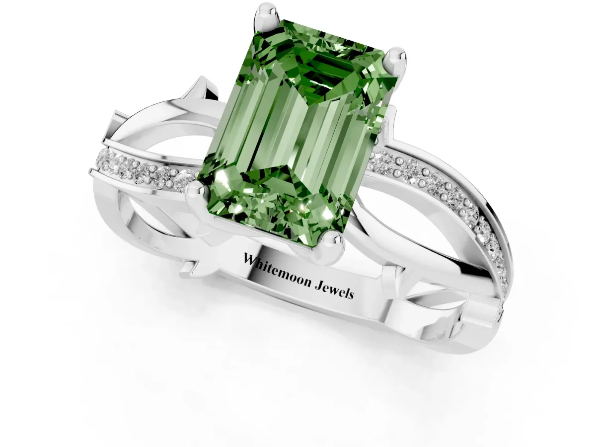 Fancy Green Emerald Cut Solitaire Twist Band with Pavé Accents and Four-Prong Setting Silver