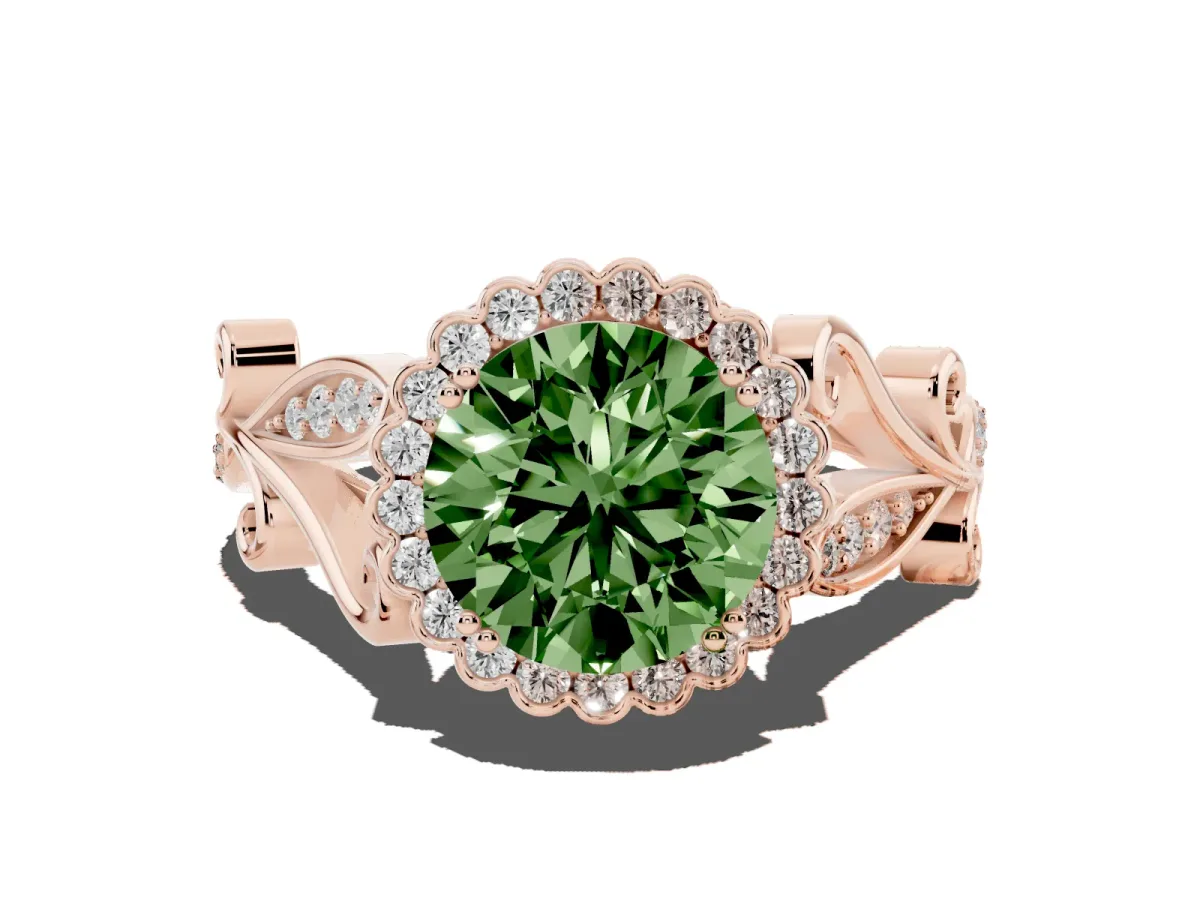 Fancy Green Round Cut Diamond Halo Ring with Vintage Split Shank and Four-Prong Setting Rose gold