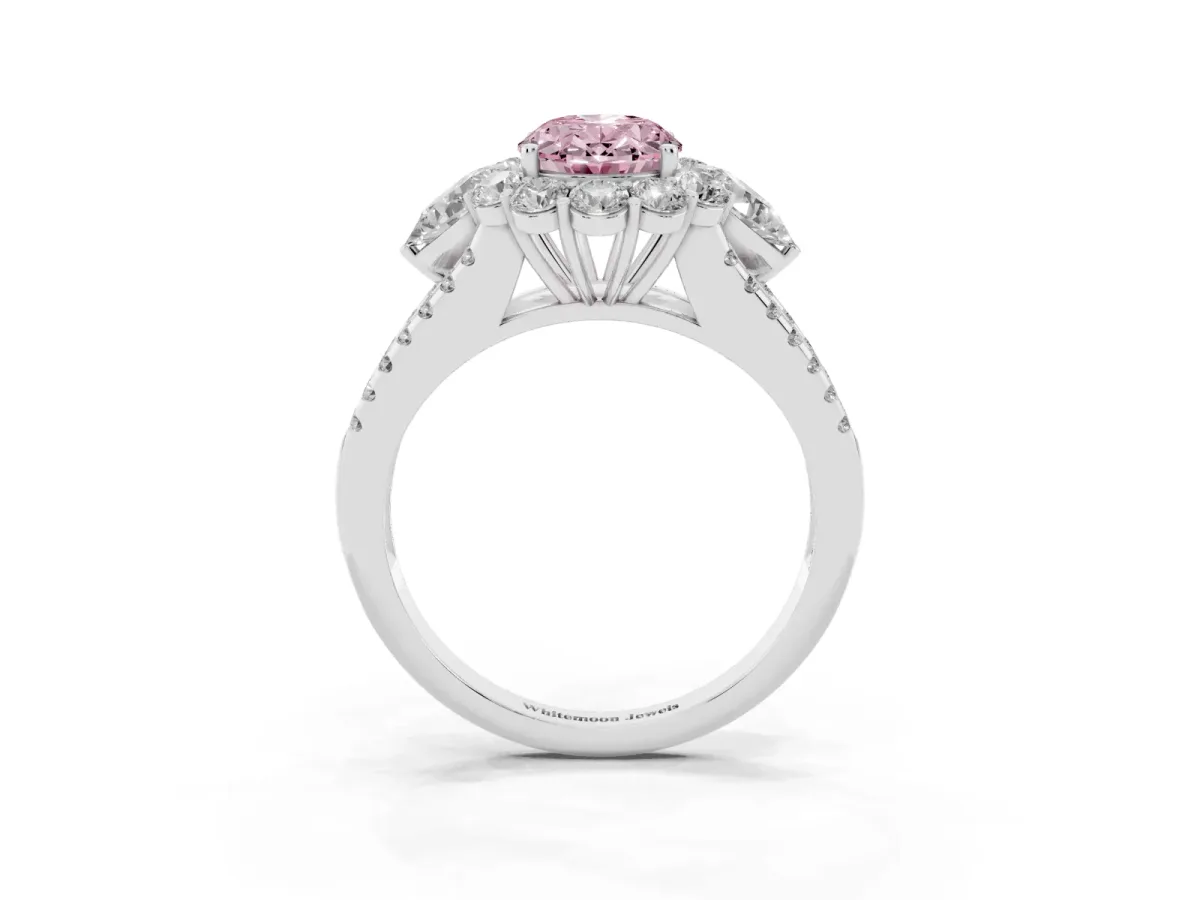 Fancy Pink Oval Cut Halo Split Shank Diamond Engagement Ring with Prong Setting Platinum