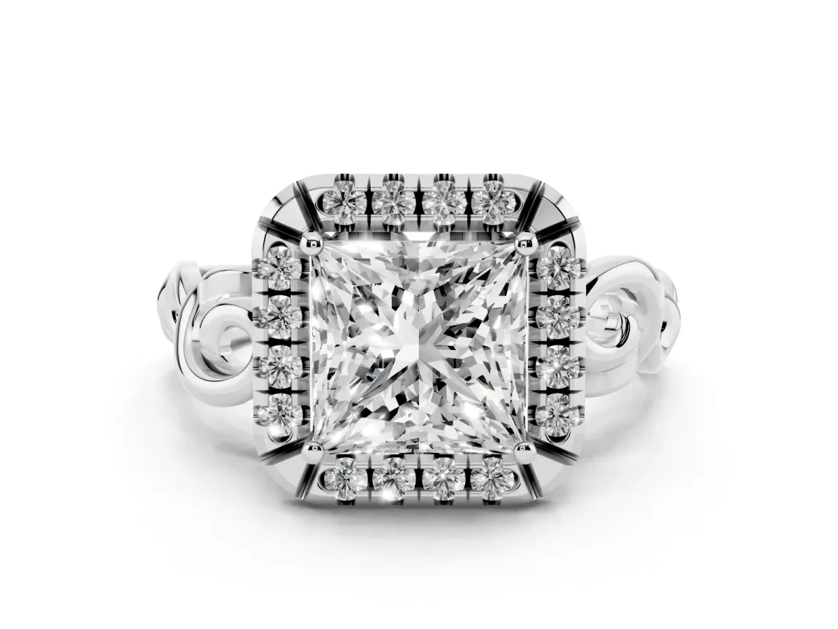 Princess Cut Cut Halo Diamond Ring with Scrollwork Band and Four-Prong Setting Platinum