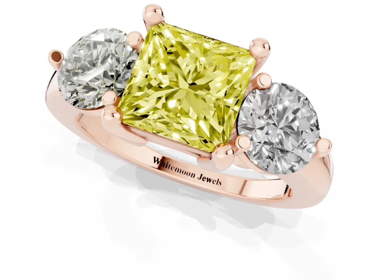 Fancy Yellow Three-Stone Princess Cut Brilliant Cut Solitaire Ring with Prong Setting on a Classic Band Rose gold