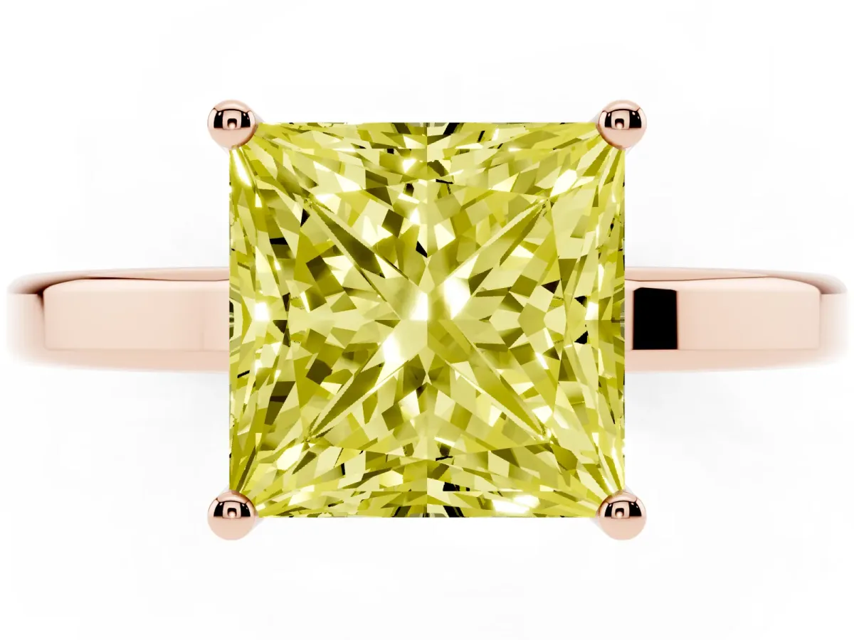 Fancy Yellow Princess Cut Cut Solitaire Engagement Ring with Four-Prong Setting on a Classic Band Rose gold