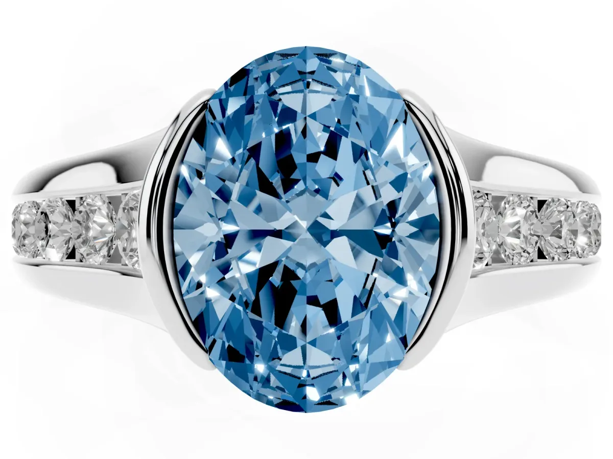 Fancy Blue Oval Cut Solitaire Bezel-Set Diamond Ring with Channel-Set Band Platinum