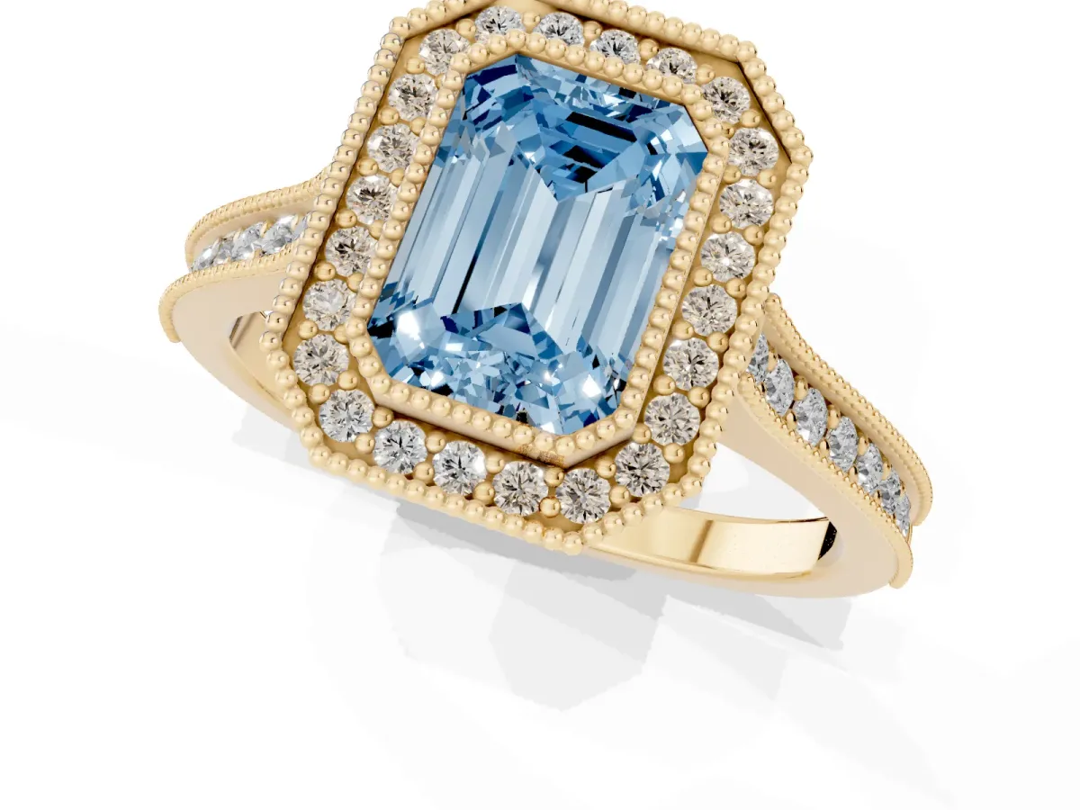 Fancy Blue Halo Emerald Cut-Cut Diamond Pave Band Milgrain Prong Setting Ring Yellow gold