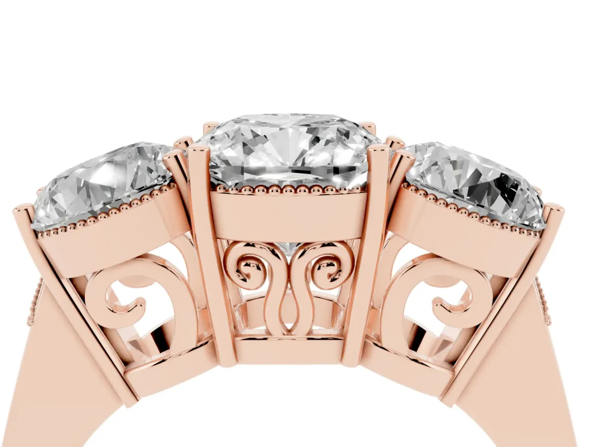 Three-Stone Cushion Cut Diamond Engagement Ring with Prong Setting on a Classic Band Rose gold