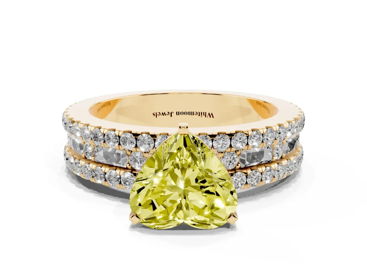 Fancy Yellow Heart Cut Diamond Solitaire Ring with Pavé and Channel Set Band Yellow gold