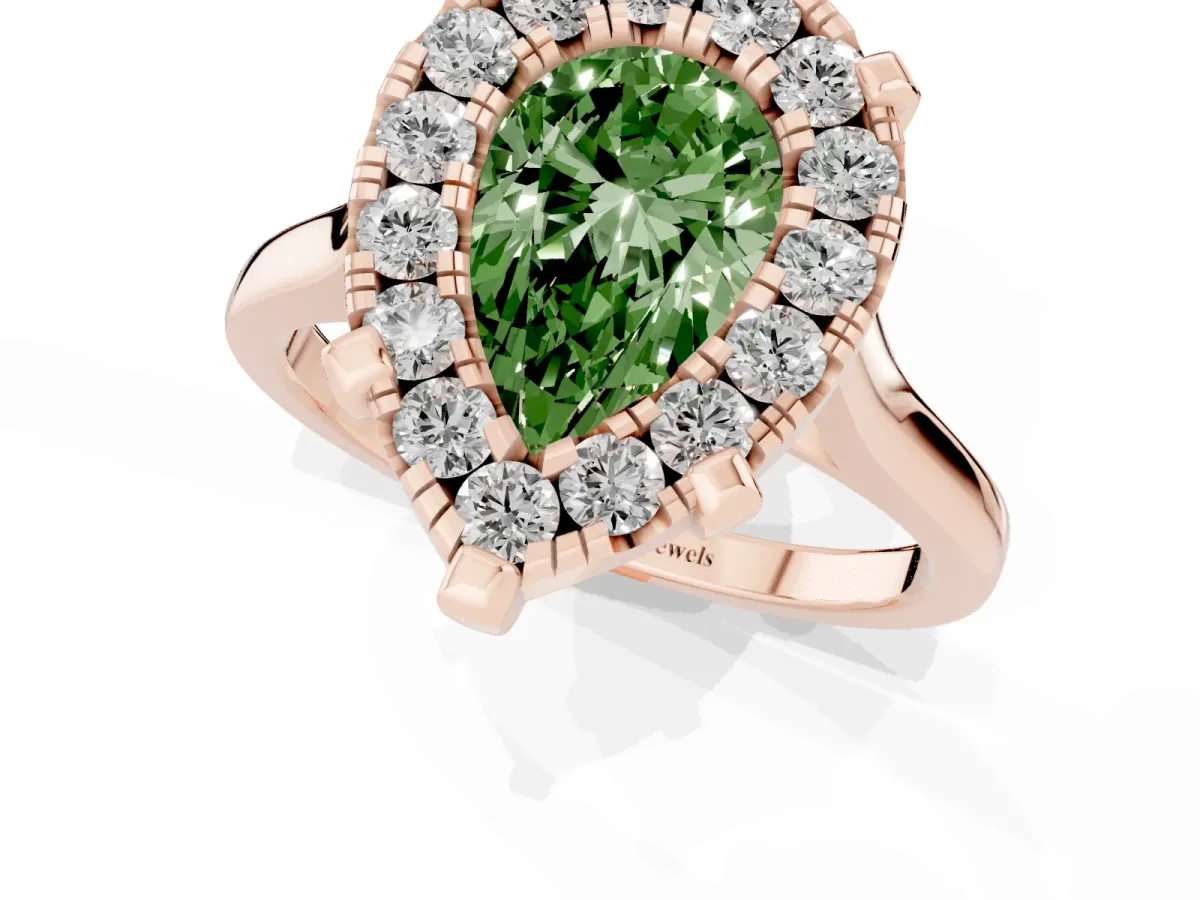 Fancy Green Pear Cut Diamond Cluster Halo Solitaire with Four-Prong Setting Rose gold
