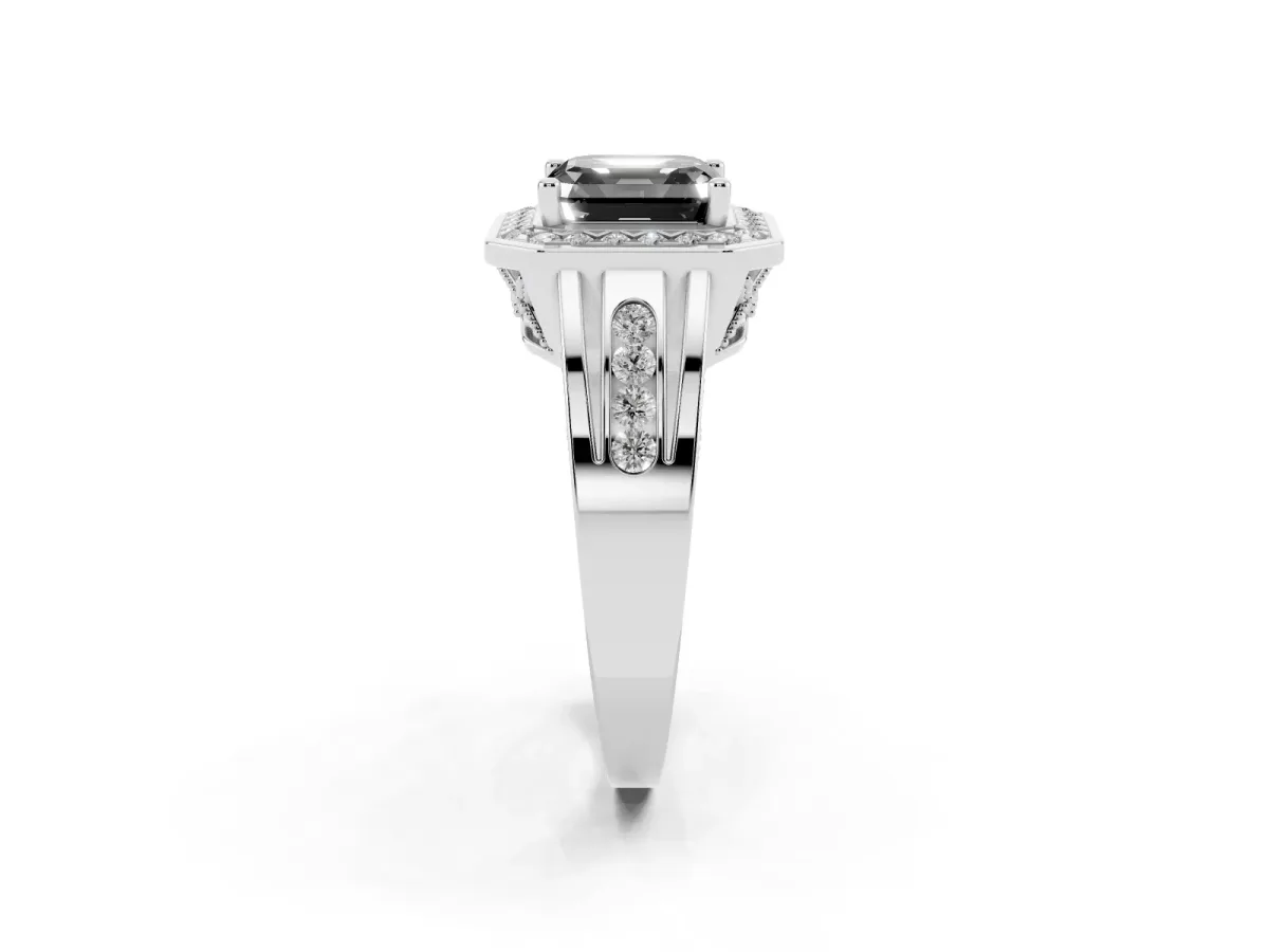 Fancy Black Asscher Cut Diamond Halo Ring with Split Shank and Bezel Accents and Prong Setting Silver