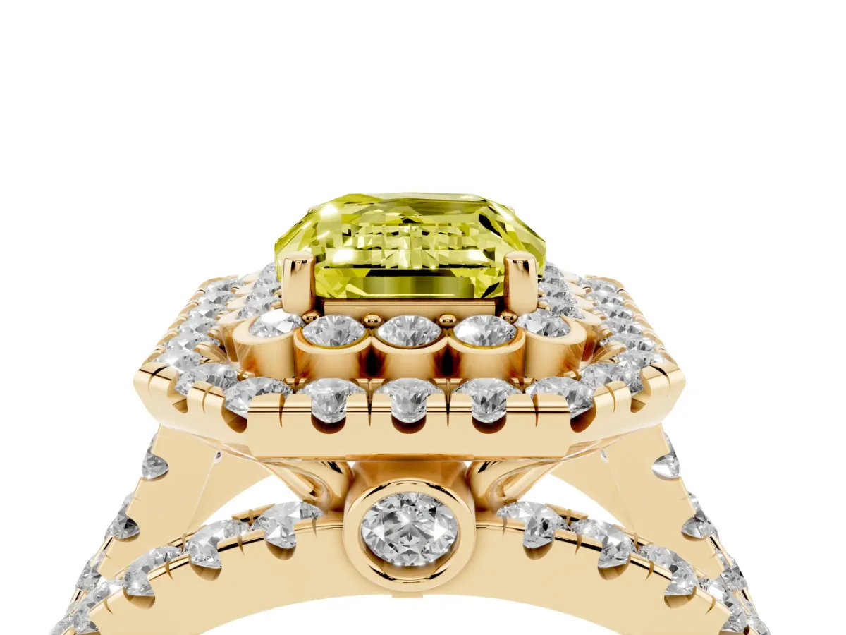 Fancy Yellow Emerald Cut Diamond Double Halo Ring with Round Pavé Split Shank and Prong Setting Yellow gold