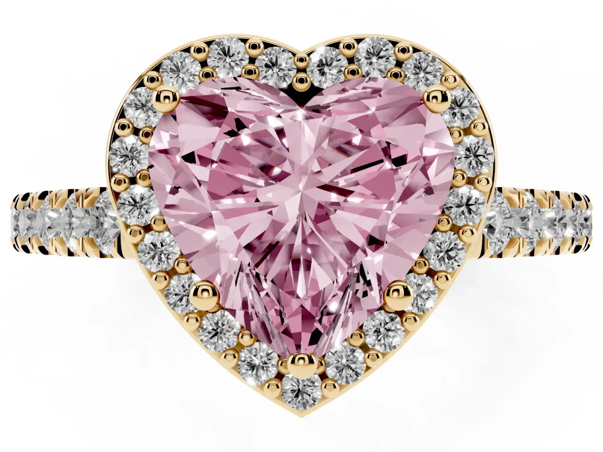 Fancy Pink Heart Cut Cut Halo Diamond Engagement Ring with Pave Band and Four-Prong Setting Yellow gold