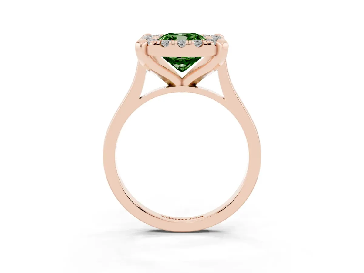 Fancy Green Cushion Cut Diamond Cluster Halo Solitaire with Four-Prong Setting Rose gold