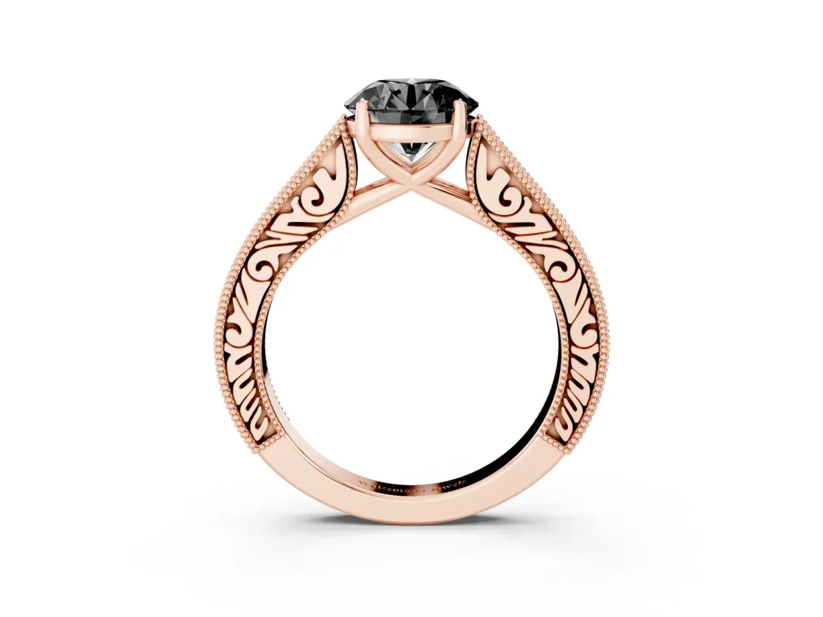 Fancy Black Round Cut Cut Pave Band Milgrain Solitaire Ring Rose gold