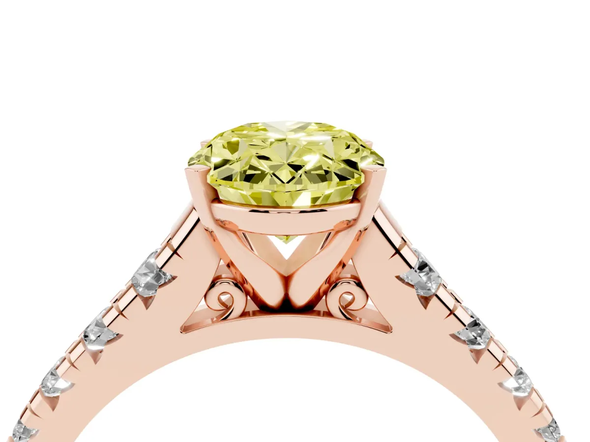 Fancy Yellow Oval Cut Diamond Cathedral Solitaire Ring with Round Pavé Band Rose gold